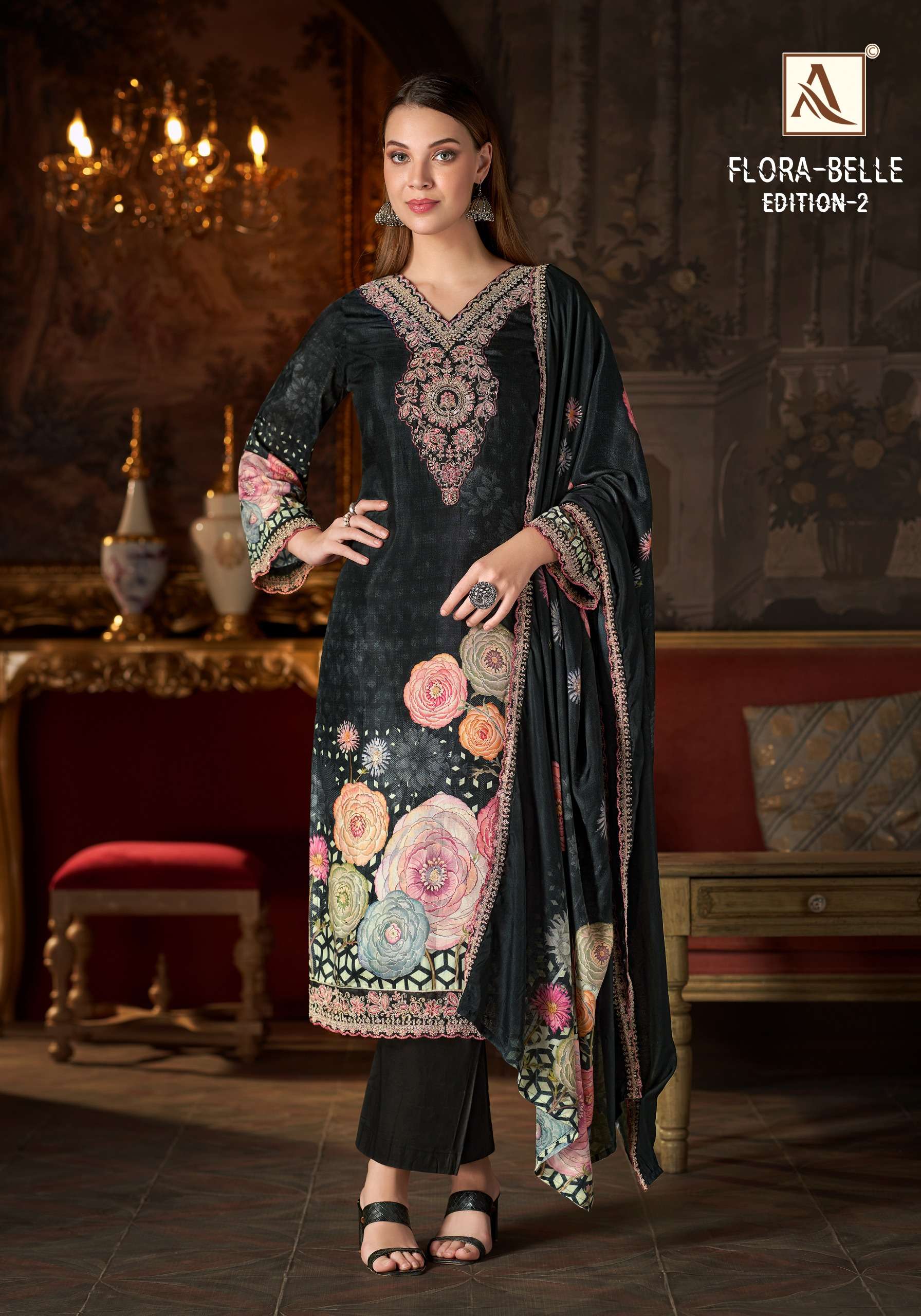 ALOK SUIT FLORA BELLE VOL 2 MASLIN DIGITAL NECK & DAMAN DRESS CATALOGUE SUPPLIER